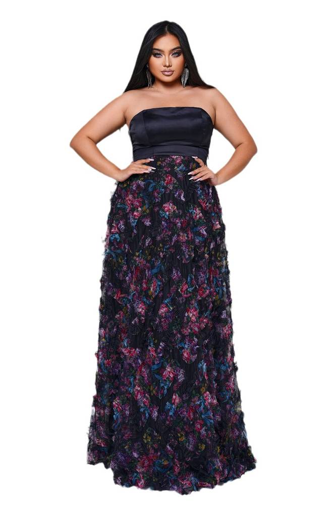 Plus Size Strapless A-Line Satin Tulle Floral Evening Dresses