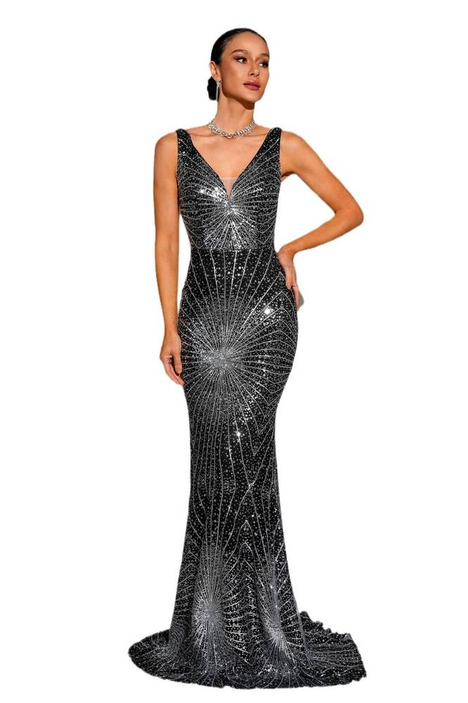 Black V-Neck Sleeveless Mermaid Sequin Evening Prom Dresses