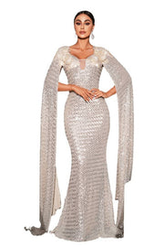 V-Neck Mermaid Sequin Evening Dresses with Watteau Train