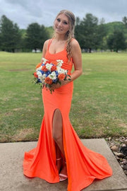 Orange Stretch Satin Criss Cross Straps Mermaid Prom Dresses with Slit