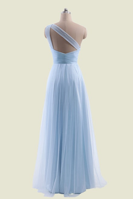 Sky Blue One-Shoulder A-Line Floor-Length Tulle Bridesmaid Dresses