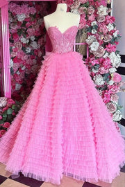 Chic Strapless A-Line Tiered Sweetheart Party Dresses Tulle Long with Appliques