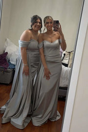 Silver Off-The-Shoulder Mermaid Satin Bridesmaid Dresses