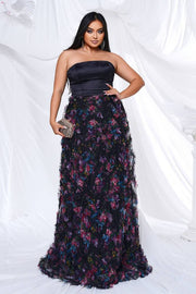 Plus Size Strapless A-Line Satin Tulle Floral Evening Dresses