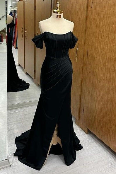 Fashionable Black Sweep Train Off-The-Shoulder Mermaid Satin Prom Dresses with Slit