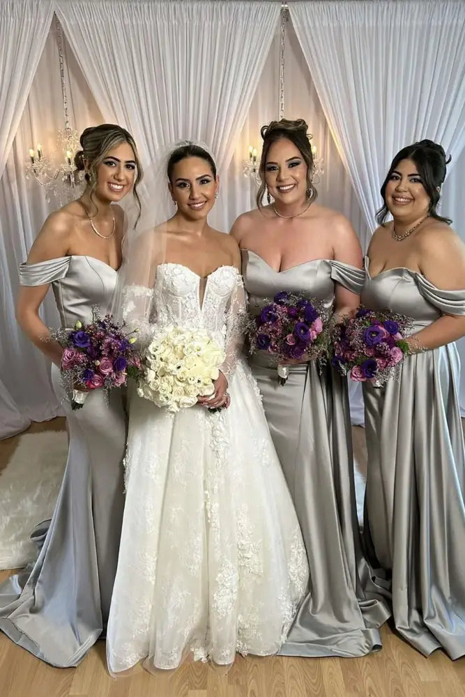 Silver Off-The-Shoulder Mermaid Satin Bridesmaid Dresses