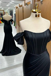 Fashionable Black Sweep Train Off-The-Shoulder Mermaid Satin Prom Dresses with Slit