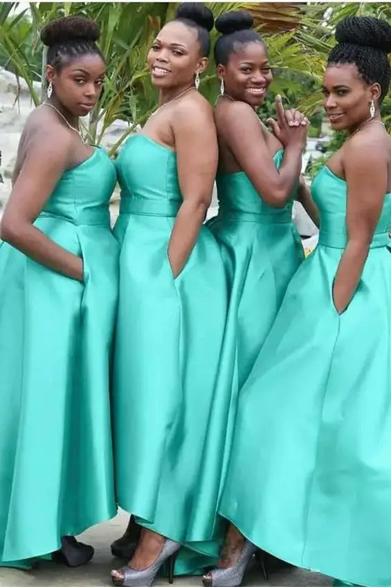 Mint Green A-Line Satin Strapless Bridesmaid Dresses with Pockets