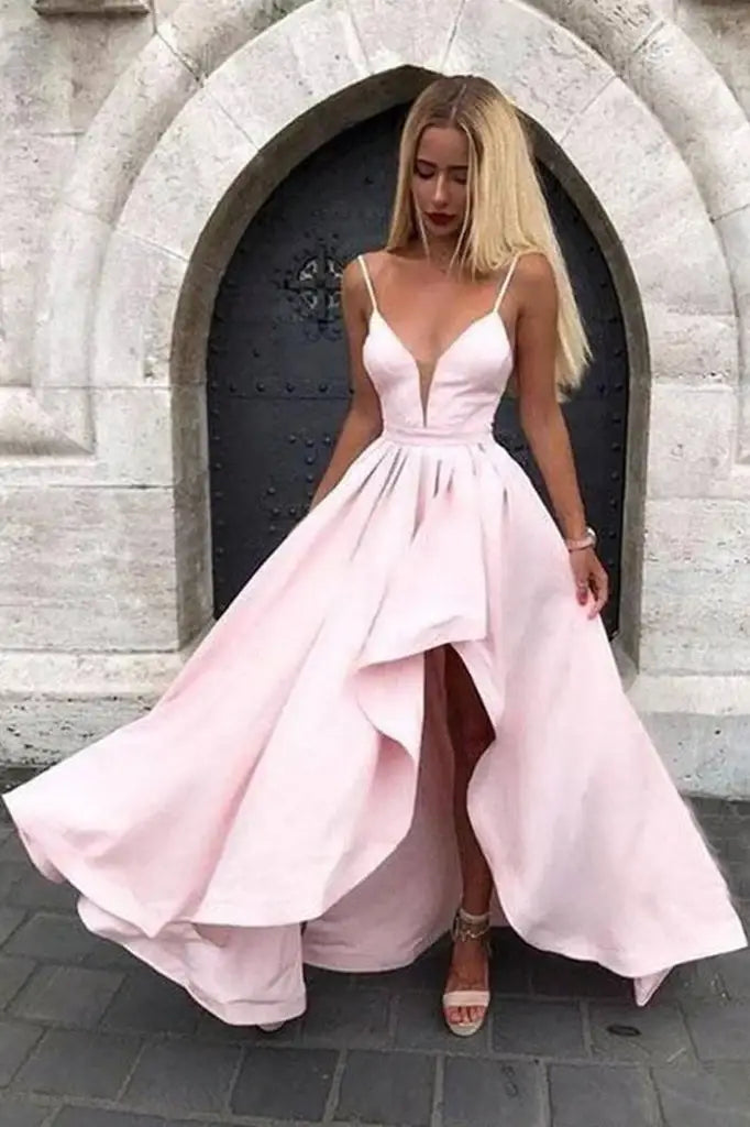 Pink A-Line Spaghetti Straps V-Neck Satin Prom Formal Dresses with Slit