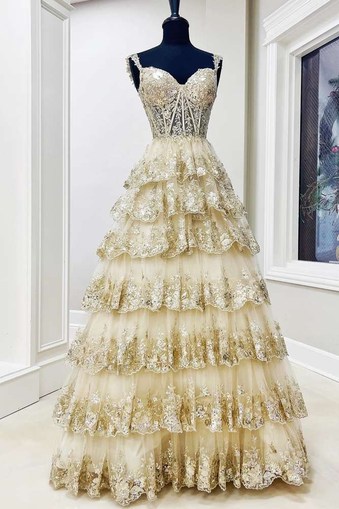 Gold Sequined V-Neck A-Line Layered Tulle Long Formal Dresses