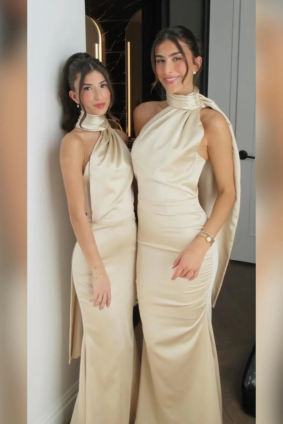 Sexy Halter Champagne Mermaid Satin Bridesmaid Dresses