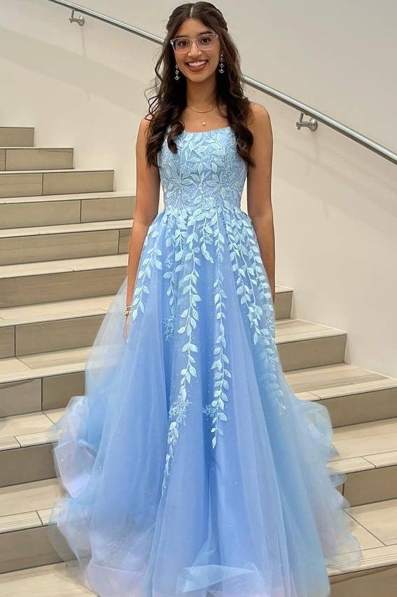 Sky Blue Tulle Appliques A-Line Party Dresses Spaghetti Straps Sleeveless