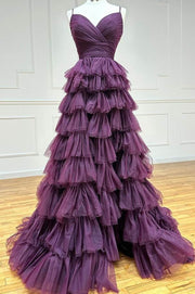 Grape Spaghetti Straps A-Line Tiered Tulle Prom Dresses with Slit