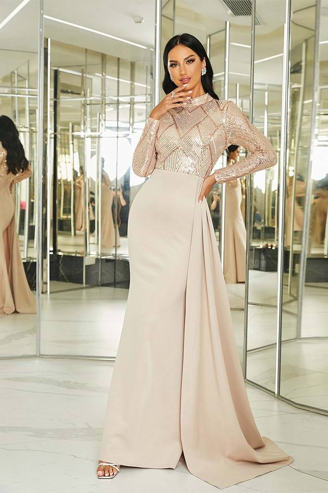 Mermaid High Neck Long Sleeves Sequin Satin Prom Dresses with Slit