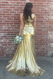 Gold Long Mermaid One-Shoulder Split Front Satin Prom Dresses with Ruffles