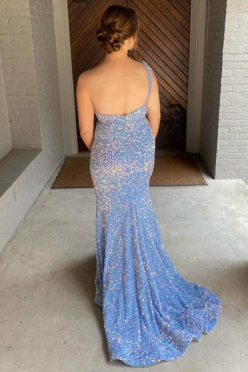 Blue One-Shoulder Long Sequined Prom Dresses with Slit