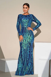 Blue Jewel Neck Mermaid Sequin Evening Dresses with Long Sleeves