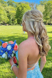 Sky Blue Mermaid Sleeveless Lace Tulle Prom Dresses with Open Back