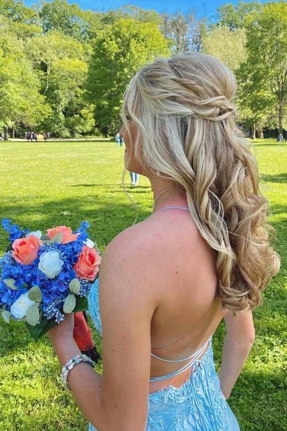 Sky Blue Mermaid Sleeveless Lace Tulle Prom Dresses with Open Back