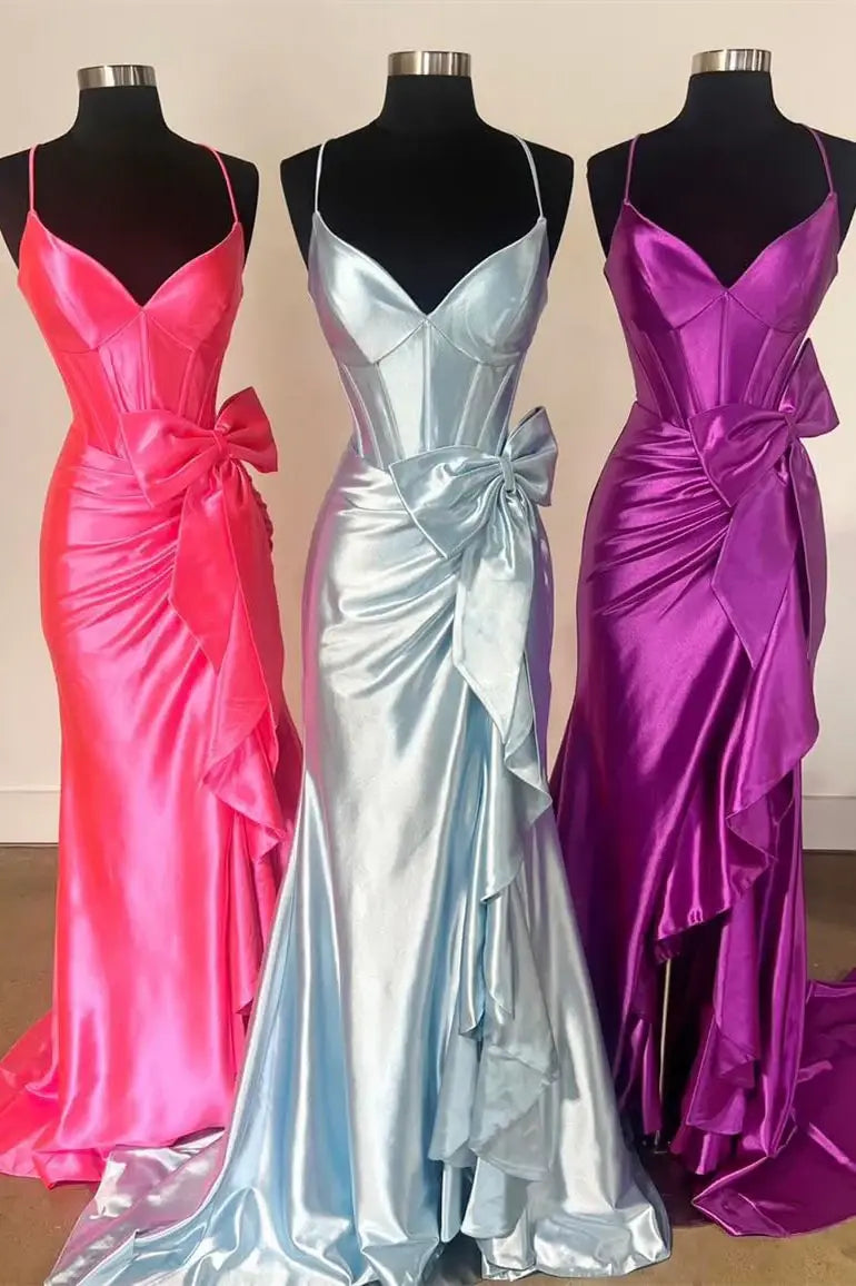 V-Neck Spaghetti Straps Mermaid Satin Long Prom Dresses with Bow