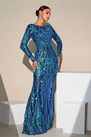 Blue Jewel Neck Mermaid Sequin Evening Dresses with Long Sleeves