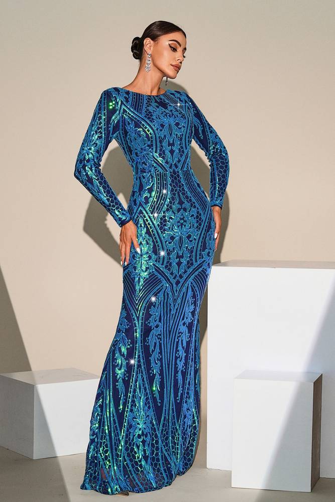 Blue Jewel Neck Mermaid Sequin Evening Dresses with Long Sleeves