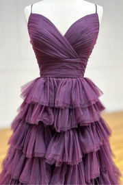 Grape Spaghetti Straps A-Line Tiered Tulle Prom Dresses with Slit