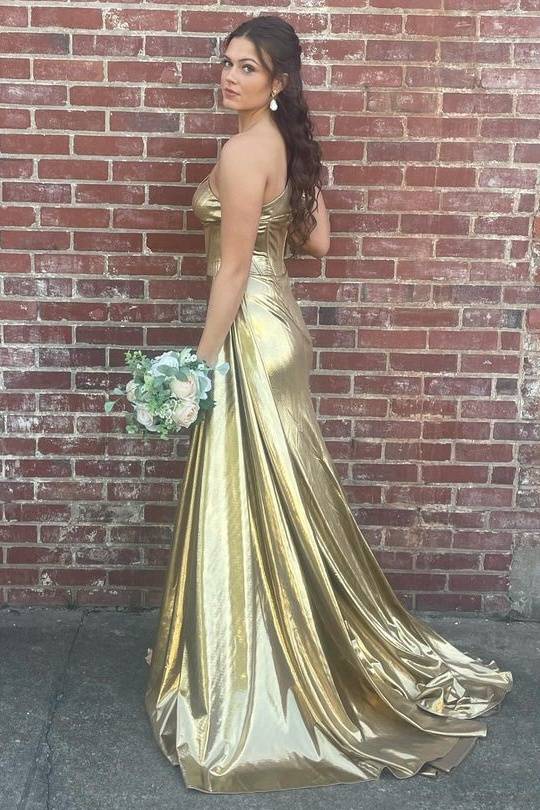 Gold Long Mermaid One-Shoulder Split Front Satin Prom Dresses with Ruffles