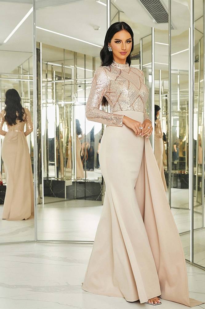 Mermaid High Neck Long Sleeves Sequin Satin Prom Dresses with Slit