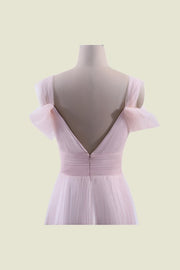 Blushing Pink V-Neck A-Line Backless Floor-Length Tulle Bridesmaid Dresses