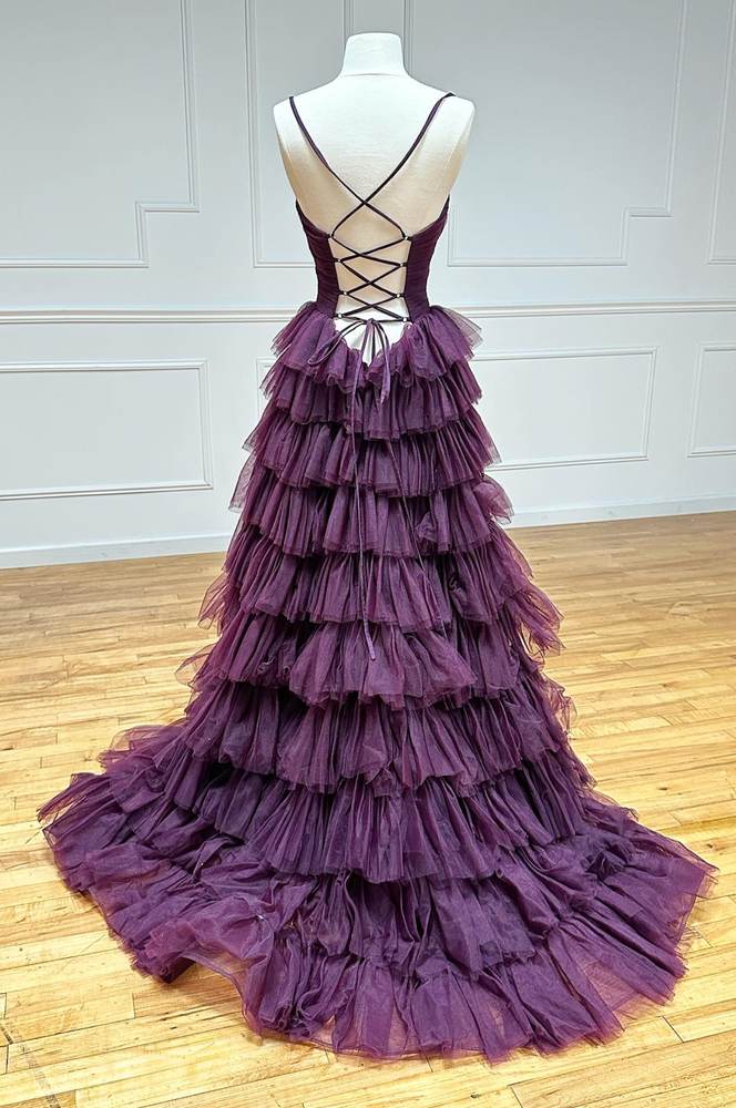 Grape Spaghetti Straps A-Line Tiered Tulle Prom Dresses with Slit