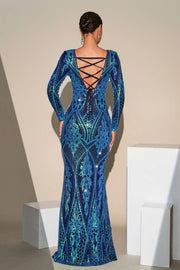 Blue Jewel Neck Mermaid Sequin Evening Dresses with Long Sleeves