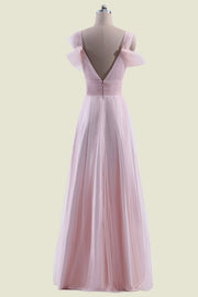 Blushing Pink V-Neck A-Line Backless Floor-Length Tulle Bridesmaid Dresses