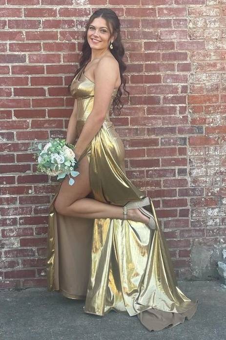 Gold Long Mermaid One-Shoulder Split Front Satin Prom Dresses with Ruffles