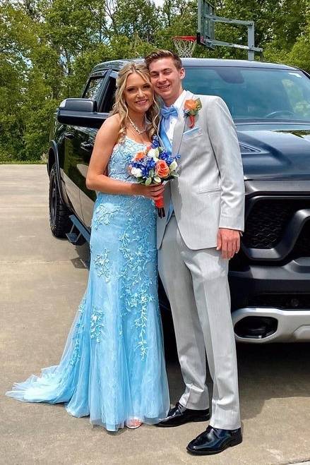 Sky Blue Mermaid Sleeveless Lace Tulle Prom Dresses with Open Back