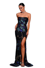 Black Strapless Mermaid Sequin Prom Evening Dresses with Slit