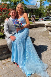 Sky Blue Mermaid Sleeveless Lace Tulle Prom Dresses with Open Back