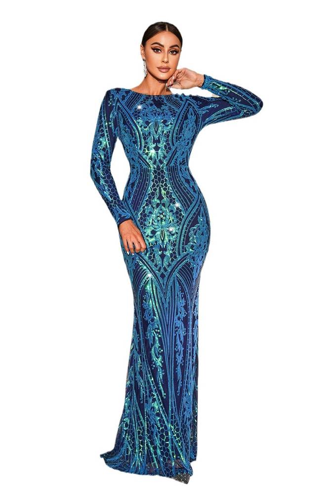 Blue Jewel Neck Mermaid Sequin Evening Dresses with Long Sleeves