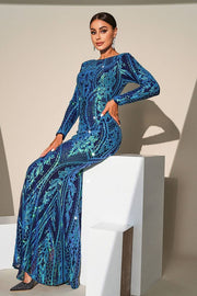 Blue Jewel Neck Mermaid Sequin Evening Dresses with Long Sleeves