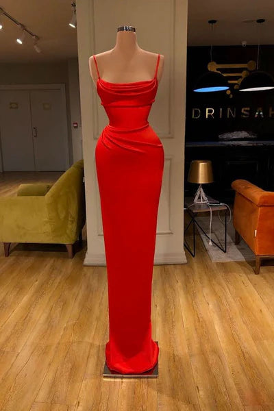 Red Floor-Length Mermaid Satin Spaghetti Strapless Prom Dresses