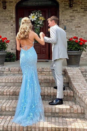 Sky Blue Mermaid Sleeveless Lace Tulle Prom Dresses with Open Back