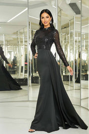 Black Mermaid High Neck Long Sleeves Sequin Satin Prom Dresses with Slit