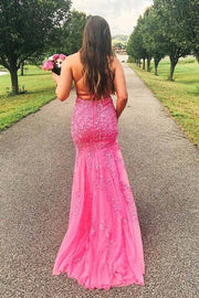 Fuchsia Mermaid Sleeveless Lace Tulle Prom Dresses with Open Back