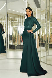 Dark Green Mermaid High Neck Long Sleeves Sequin Satin Prom Dresses with Slit