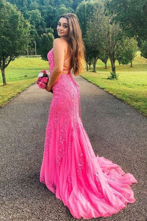 Fuchsia Mermaid Sleeveless Lace Tulle Prom Dresses with Open Back