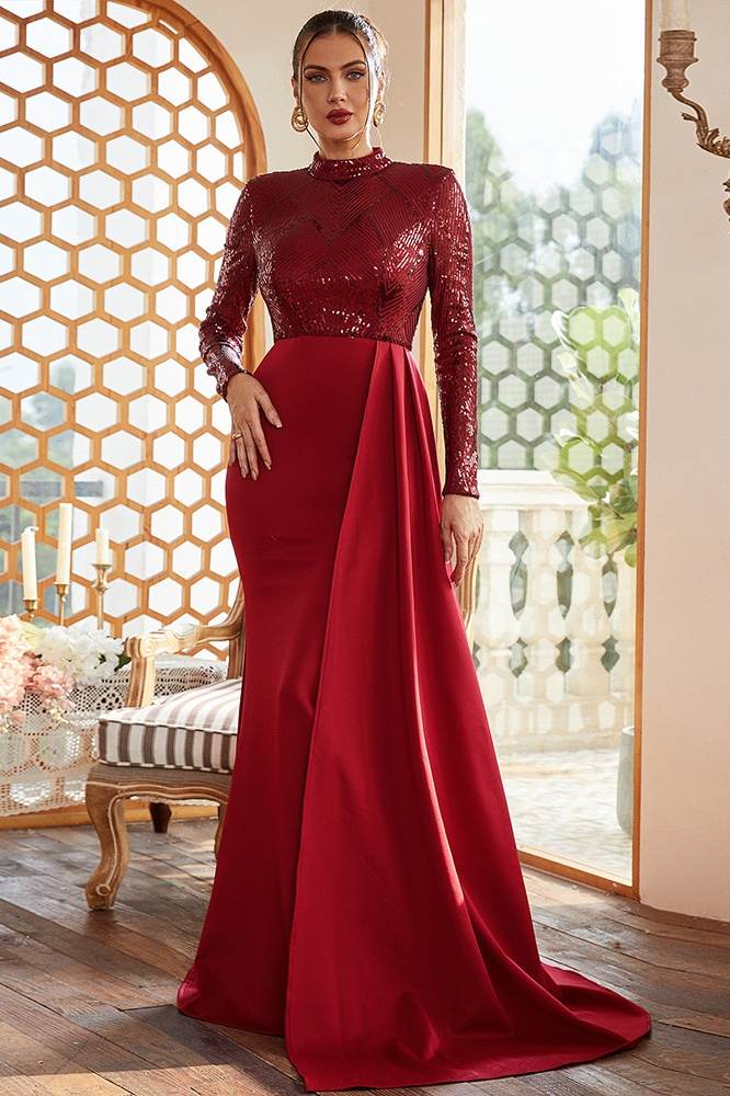 Red Mermaid High Neck Long Sleeves Sequin Satin Prom Dresses with Slit