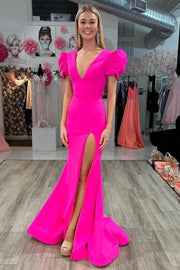 Fuchsia Emerald V-Neck Short Sleeves Mermaid Prom Dresses with Slit