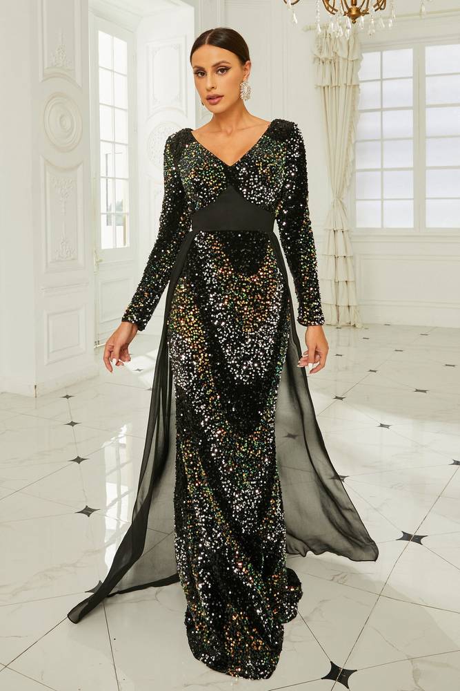 Sequined V-Neck Long Sleeves Mermaid Evening Dresses