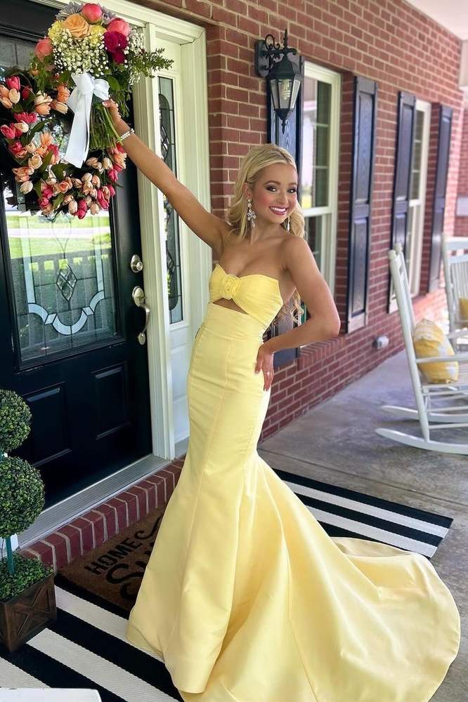 Daffodil Charming Strapless Long Mermaid Satin Prom Dresses