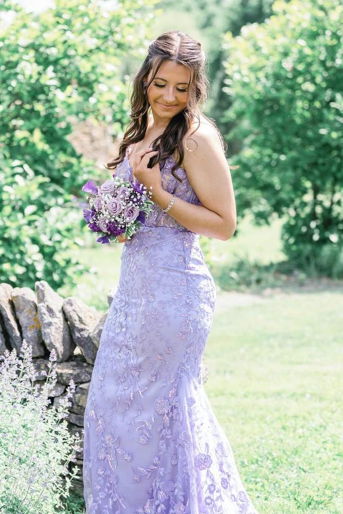 Lavender V-Neck Spaghetti Straps Mermaid Tulle Prom Dresses with Appliques